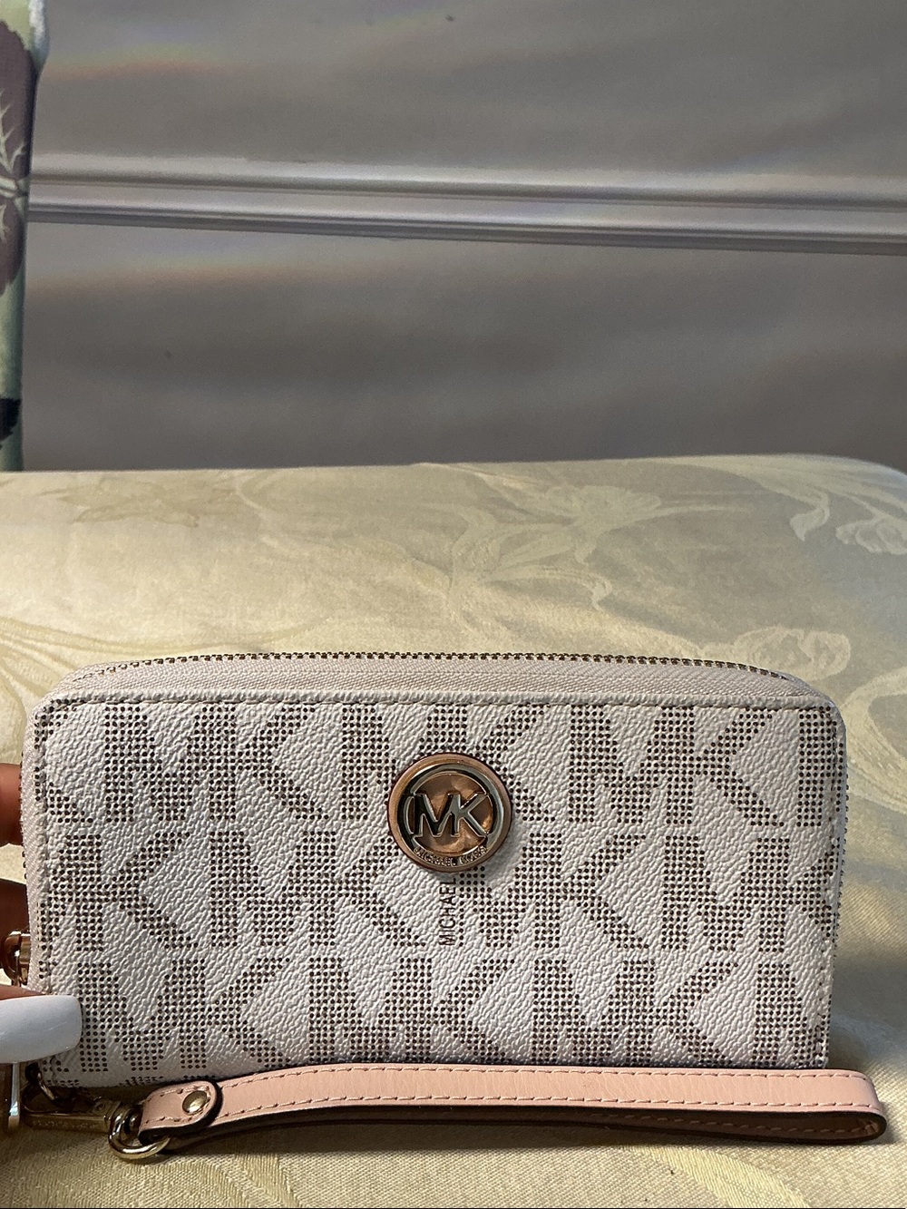 Michael Kors Beige and Blush MK Logo Zip Wallet with Wristlet